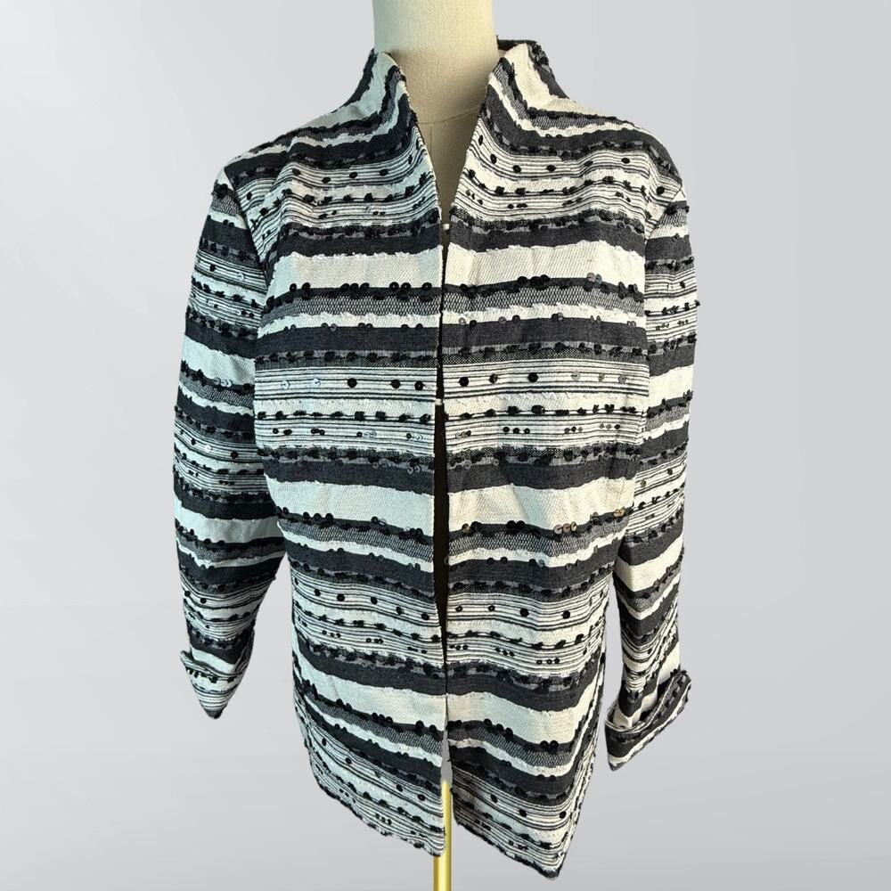 Chicos Black & White Striped Sequin Blazer Jacket